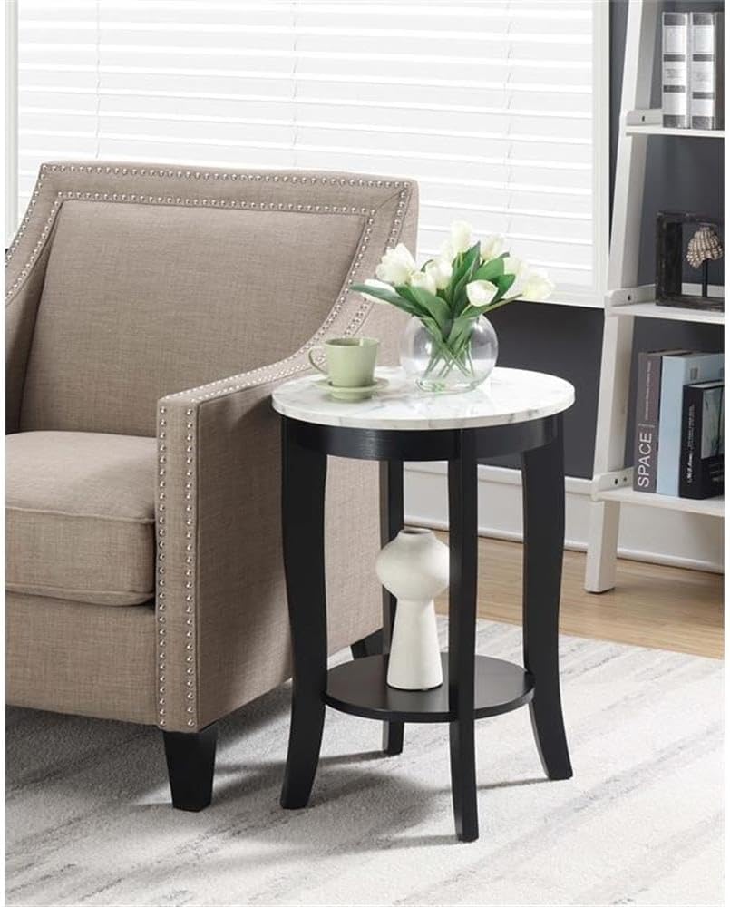 Convenience Concepts American Heritage Round End Table, White Faux Marble / Black