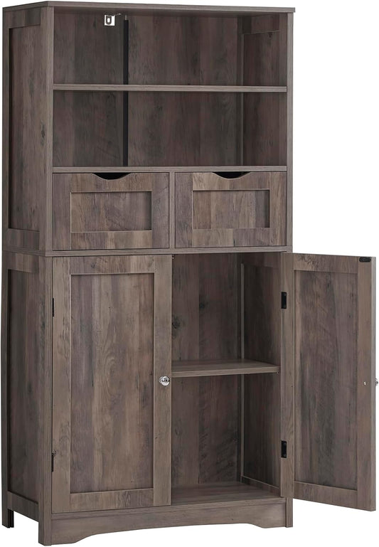 Iwell Tall Storage Cabinet with 2 Drawers & Adjustable Shelf, Bathroom Cabinet with Doors, Kitchen Pantry Storage Cabinets, Cupboard for Living Room, Dining Room, Entryway, Rustic Gray