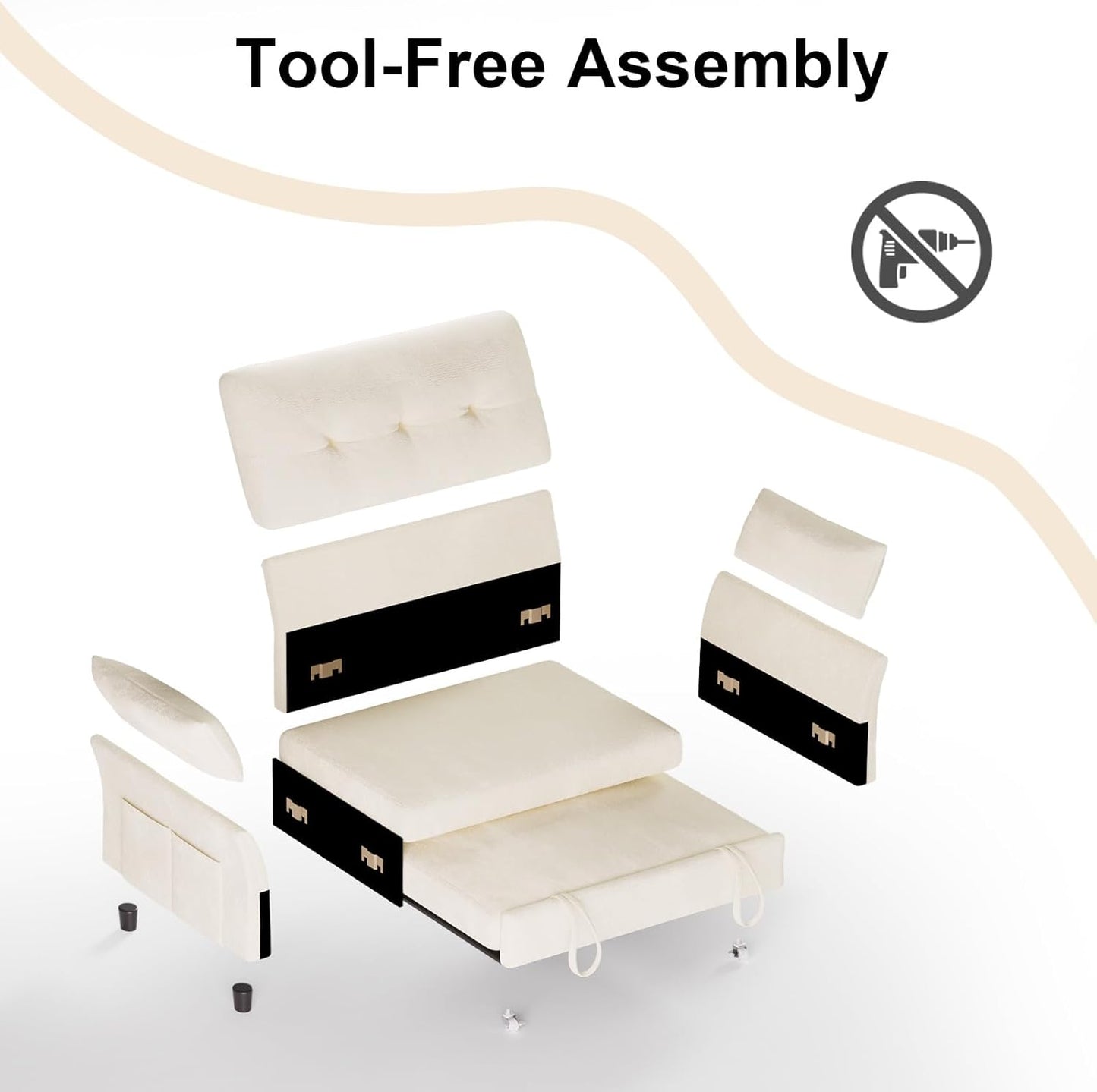 Vipbear 3-in-1 Chenille Convertible Sofa Bed, Pull Out Sleeper Sofa with Reclining Backrest & Side Pocket, Tool-Free Assembly, Folding Loveseat for Living Room, Apartment, White