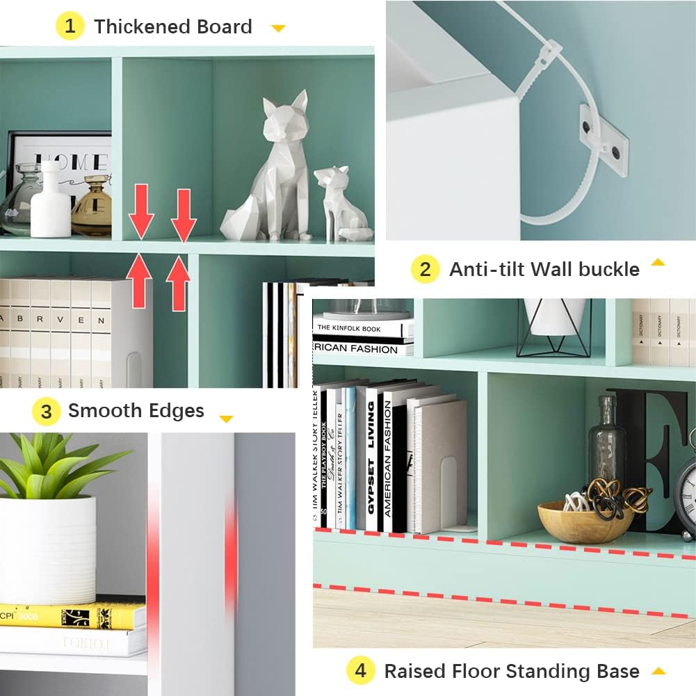 IOTXY Open Shelf Low Bookcase - Wooden 3-Tier Floor Standing Display Cabinet Organizer with Base, 8 Cubes Short Horizontal Bookshelf in Pear Yellow