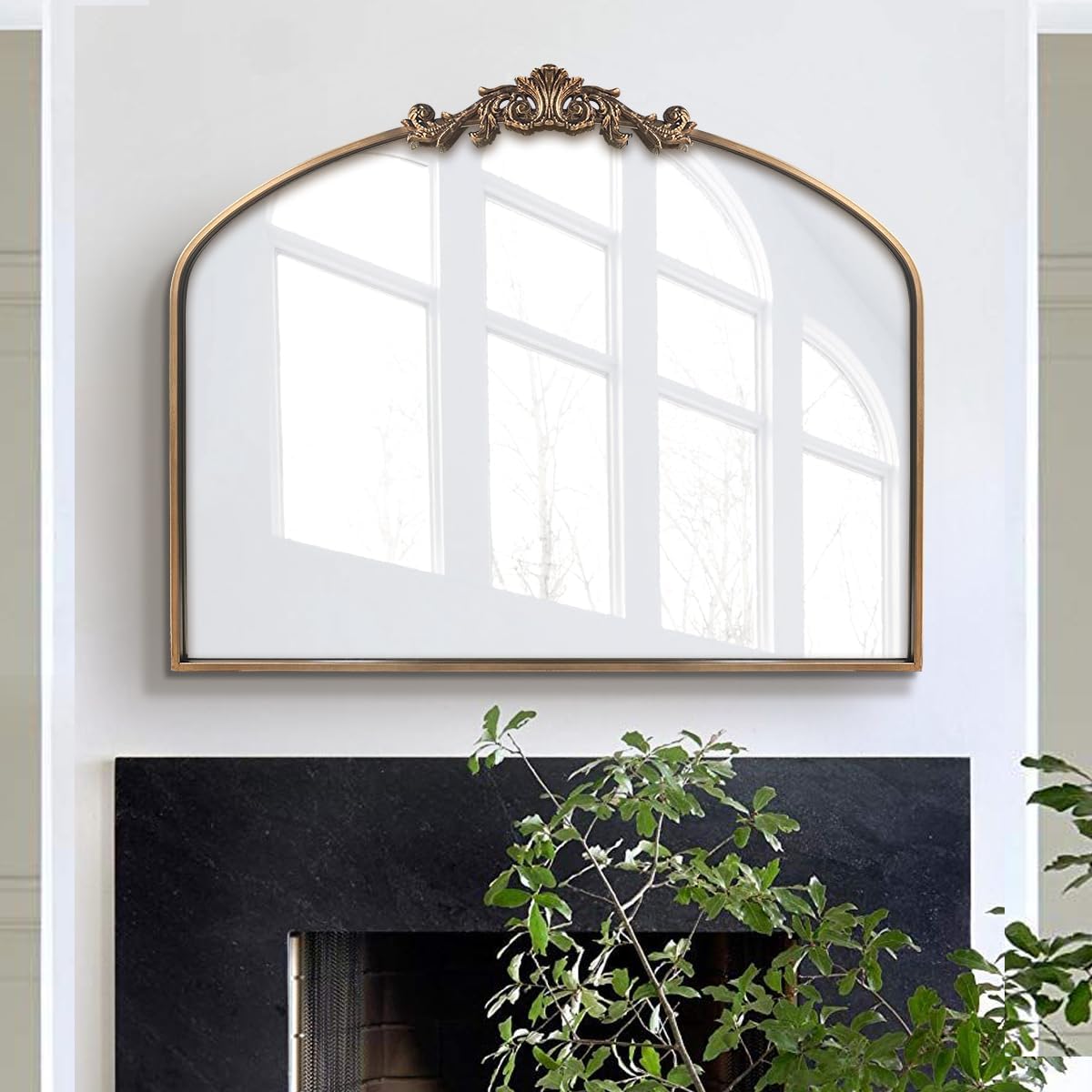 WAMIRRO Antique Mirror,Gold Traditional Vintage Ornate Baroque Arched Brass Wall Mounted Mirrors for Entryway/Fireplace/Living Room/Hallway/Bathroom 36"X30"