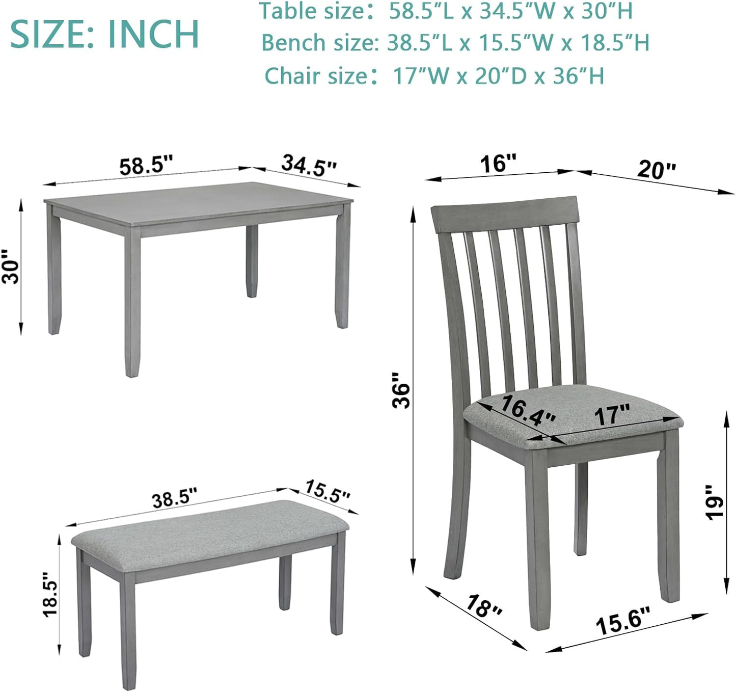 soges 6 Piece Kitchen Dining Table Set, Rectangular Wooden Dining Table with 4 Upholstered Chairs and a Bench for 6 People, Living Room, Home and Kitchen, Grey
