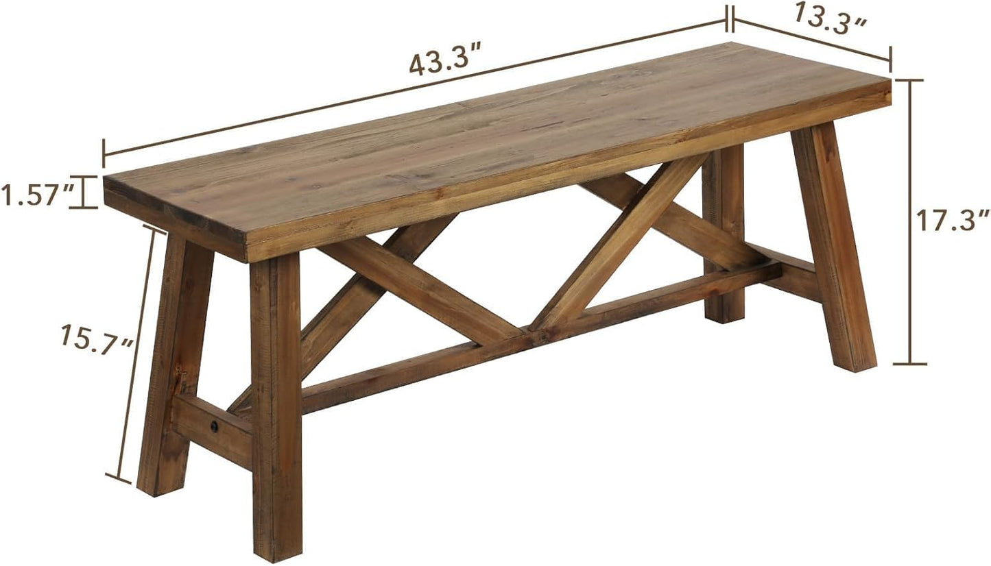 Wnutrees 43" Farmhouse Wood Bench, Rustic Solid Wood Entryway Bench Seat with Double X-Structure for Dining Room, Living Room, Hallway, Structural Stability, Natural