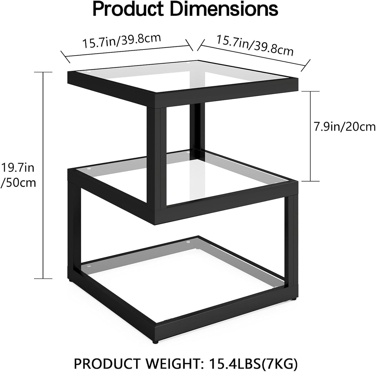 3-Tier Glass Table with LED Strip, Unique S-Shaped Design SideTable, Moderen Black Deco Table for Living Room and Bedside Room