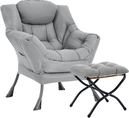 Lazy Chair with Ottoman, Large Modern Lounge Accent Chair with Armrests and Footrest, Reading Armchair with Ottoman, Leisure Sofa Chair for Living Room, Bedroom, Dorm Room (Light Grey)