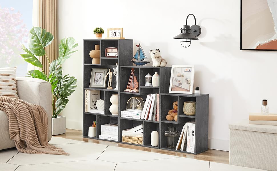 VECELO 3-Cube Small Bookshelf, Modern Bookcases with Shelves Height Up to 12.8 Inches, Suit for Common Size Textbook, Vertical or Horizontal, Cubby Storage Organizer,Grey