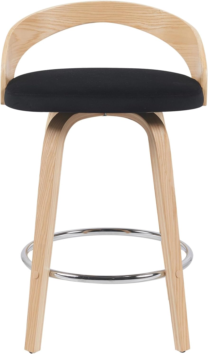 Sonia Modern Swivel Counter Height Bar Stool with Black Upholstered Seat and Patterned Oak Wood Finish Set of 2