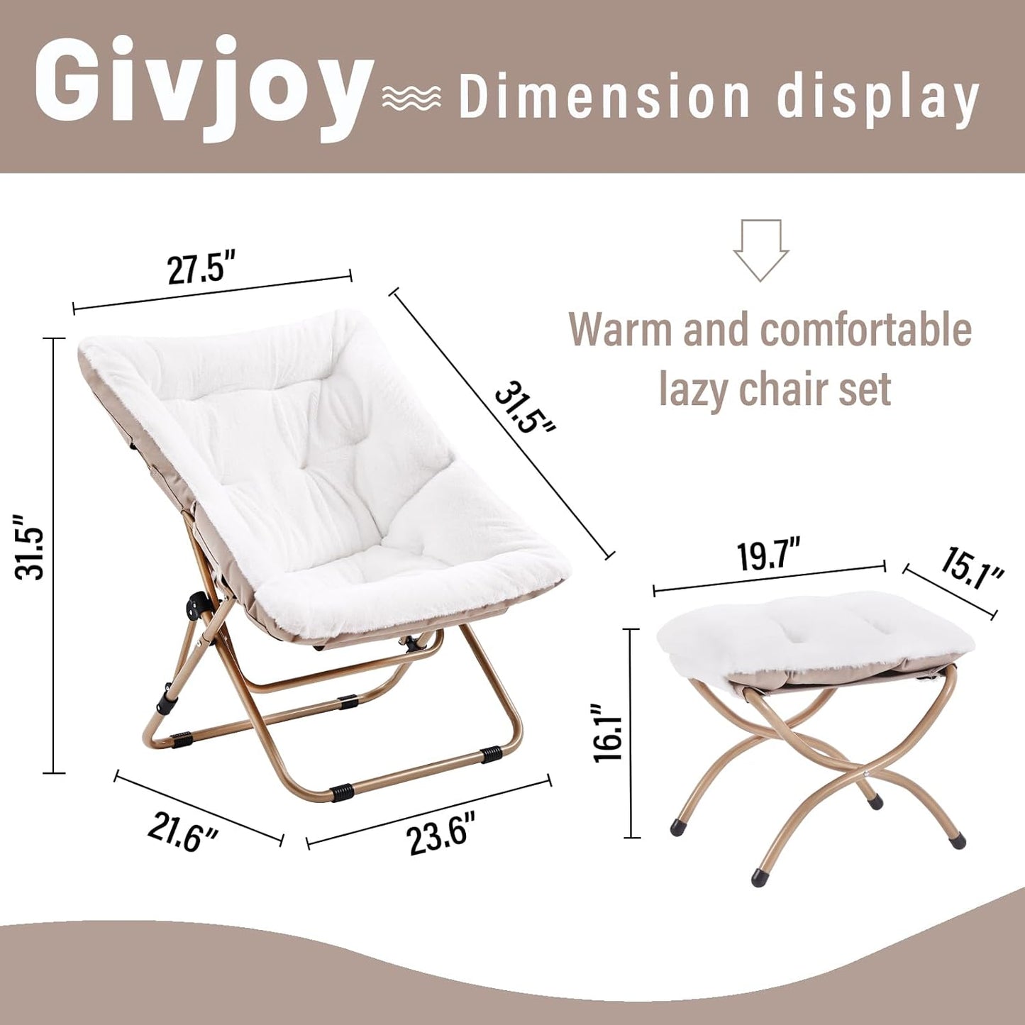 Comfy Folded Chair with Ottoman, Oversized Folding Faux Fur Chair Soft Furry Lounge Lazy Chair with Metal Frame Moon Chair Accent Chair for Bedroom, Living Room, Dorm Rooms