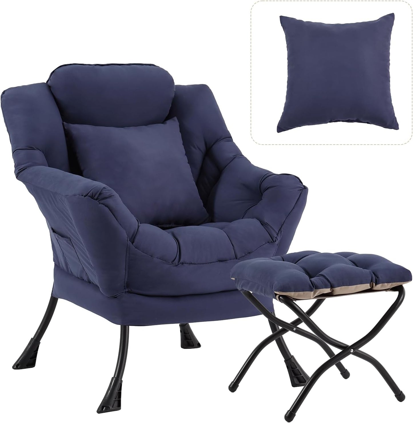 Large Lazy Chair with Ottoman, Accent Reading Chair with a Throw Pillow, Cozy Lounge Chair with Armrest, Leisure Sofa Chair for Living Room, Bedroom, Dorm, Peach Navy