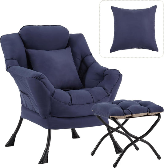 Large Lazy Chair with Ottoman, Accent Reading Chair with a Throw Pillow, Cozy Lounge Chair with Armrest, Leisure Sofa Chair for Living Room, Bedroom, Dorm, Peach Navy