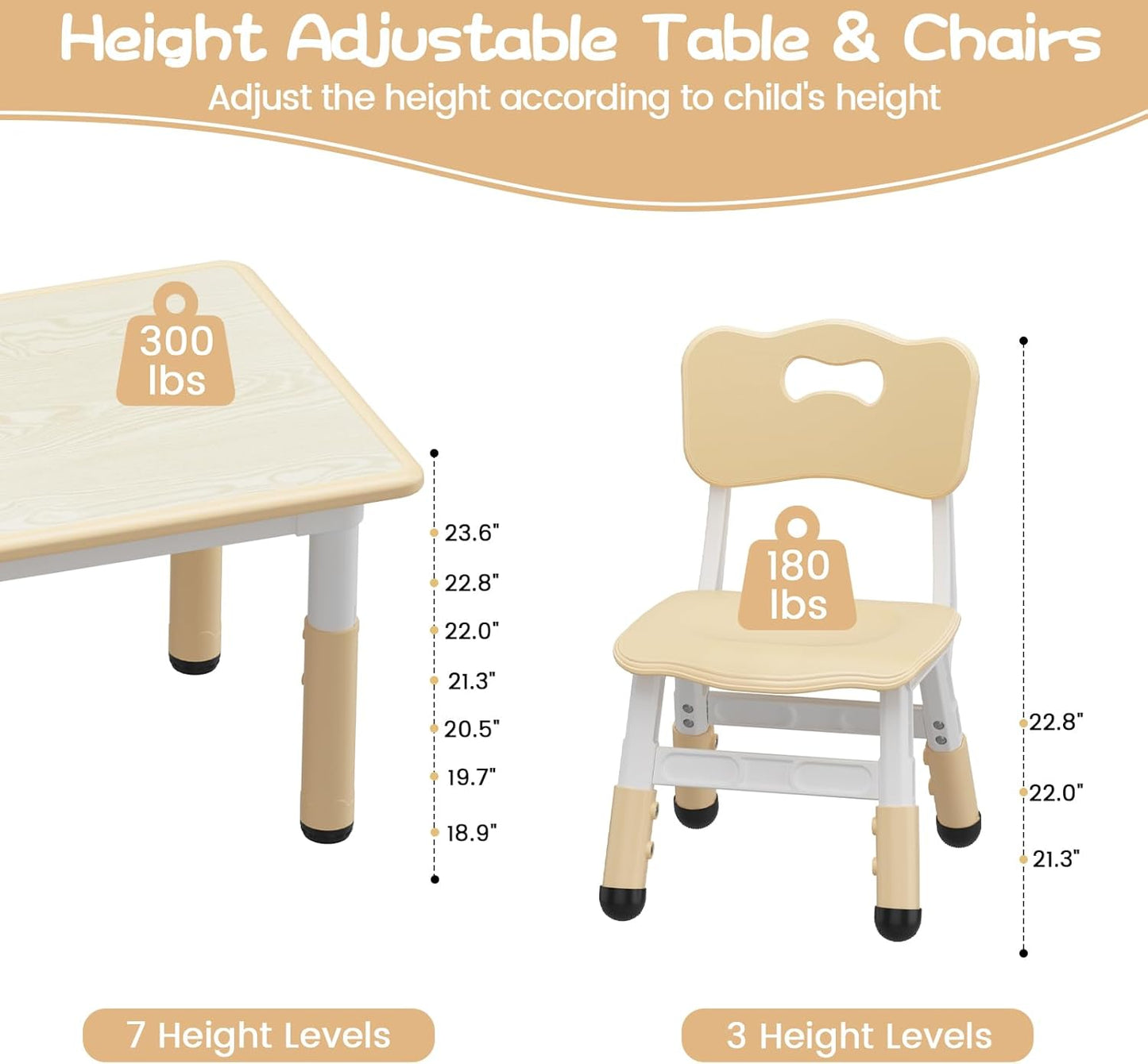 GarveeHome Kids Table and 4 Chairs Set, Height Adjustable Toddler Table and Chair Set for 4, Graffiti Desktop, Non-Slip Children Table for Home Daycare Preschool for Ages 2-8, Beige