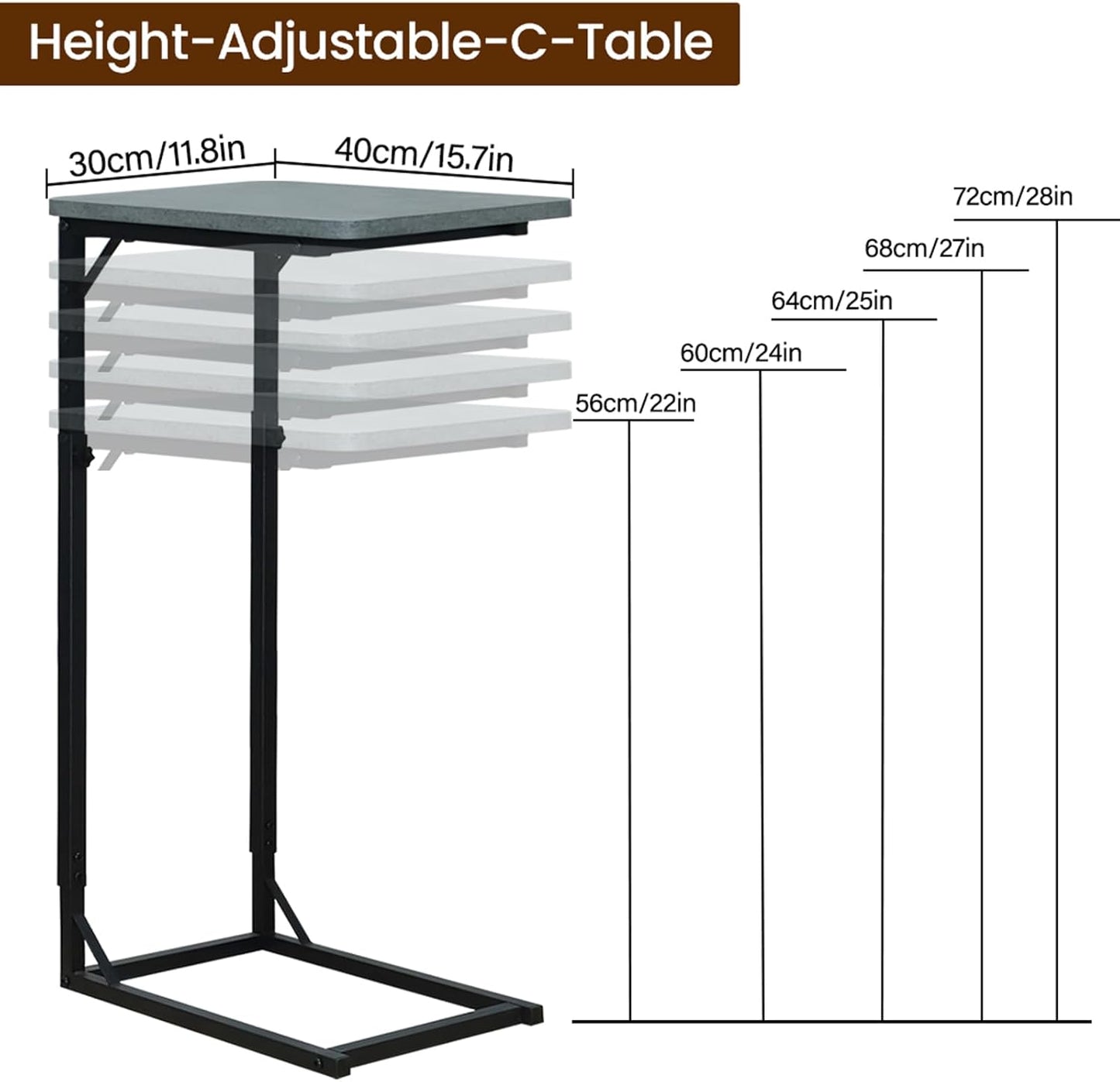 C-Shaped End Table for Couch, Adjustable Sofa Side Table with Sturdy Metal Frame, Small Space Rustic Gray TV Tray Table for Living Room, Bedroom, Bedside, Modern Functional Accent Furniture