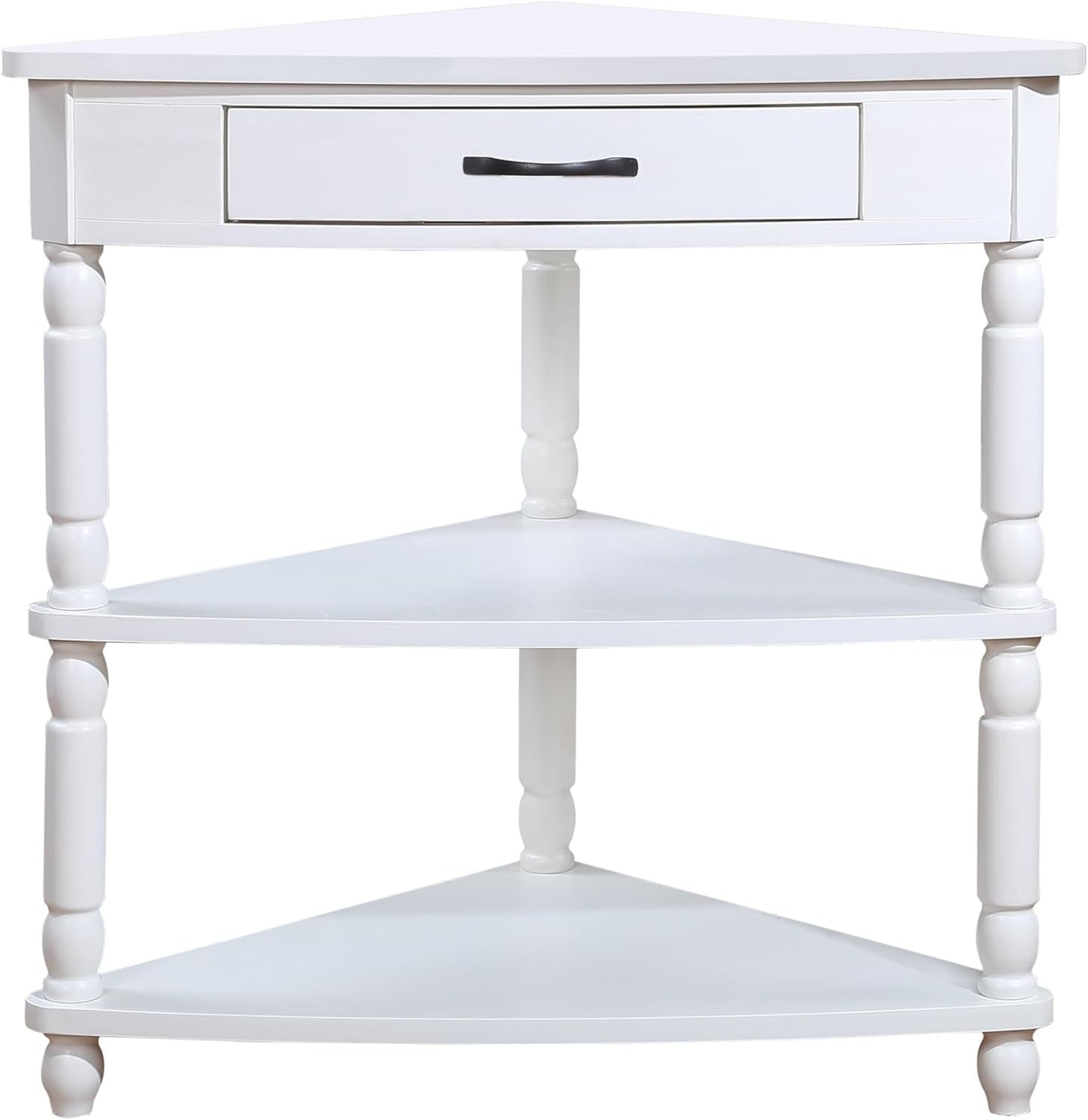 GDFStudio Trmxmbi 3 Tier Corner Console Table with 1 Storage Drawers and Shelves, 33.8'' Rustic Wood Triangle Sofa End Table for Small Spaces, Solid Wood Legs, Milk White