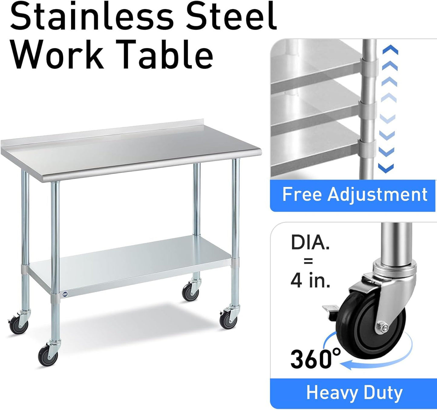 Stainless Steel Table for Prep & Work with Backsplash and Caster 30x48 Inches, NSF Metal Commercial Kitchen Table with Adjustable Under Shelf and Table Foot for Restaurant, Home and Hotel