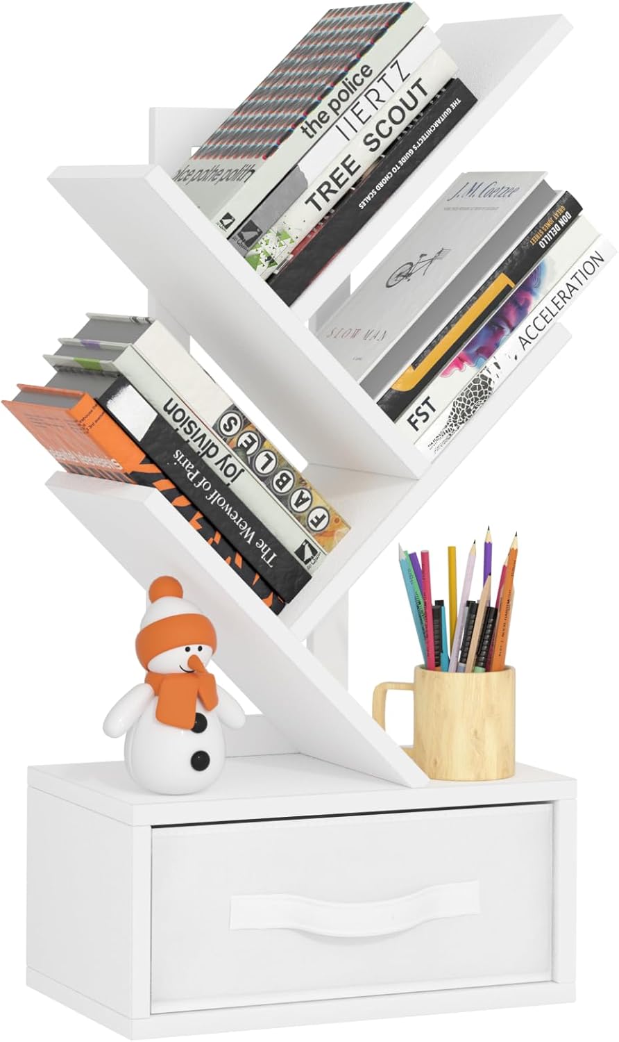 Small Bookshelf with Drawer,4 Tier Tree Book Shelf,Wood Desk Bookshelves,Modern Free Standing Desktop Display Shelves,White Floor Standing Organizer Bookcase for Living Room,Bedroom,Office