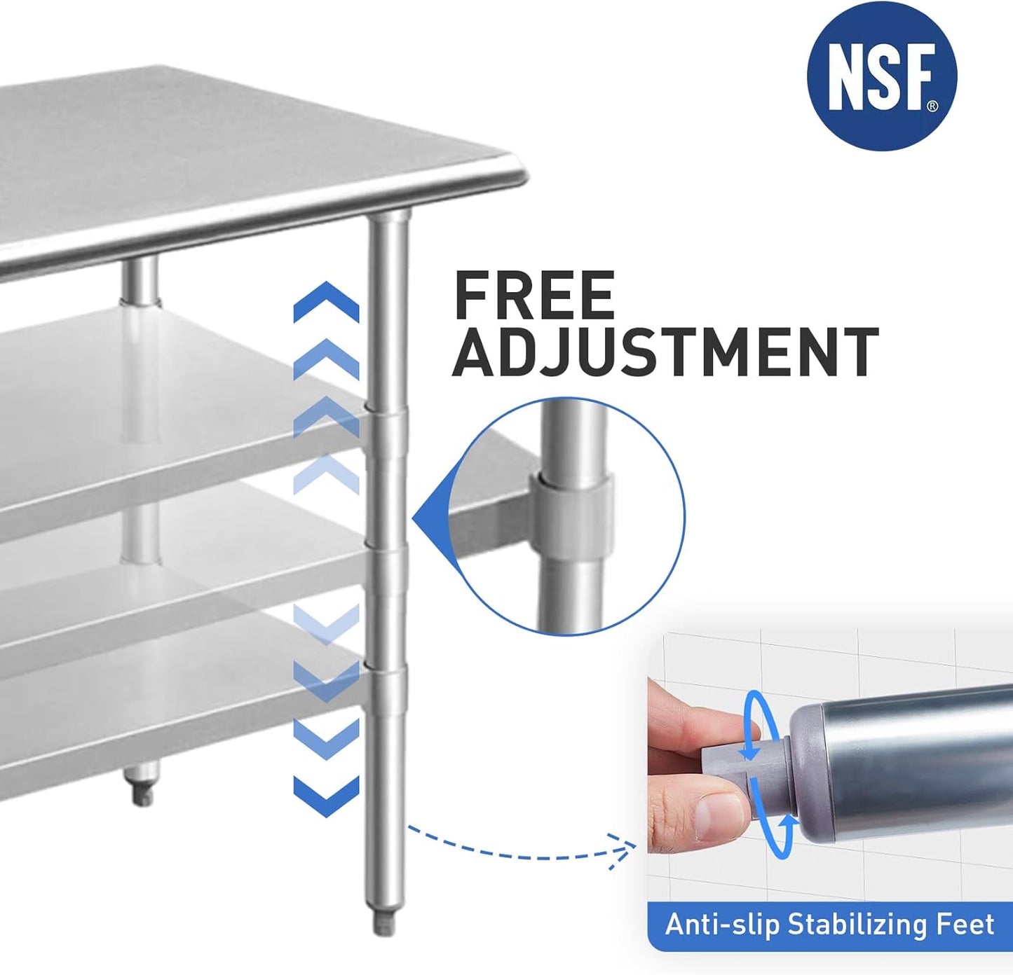 ROCKPOINT Stainless Steel Table for Prep & Work 18x72 Inches, NSF Metal Commercial Kitchen Heavy Duty Table with Adjustable Under Shelf and Table Foot for Restaurant, Home and Hotel