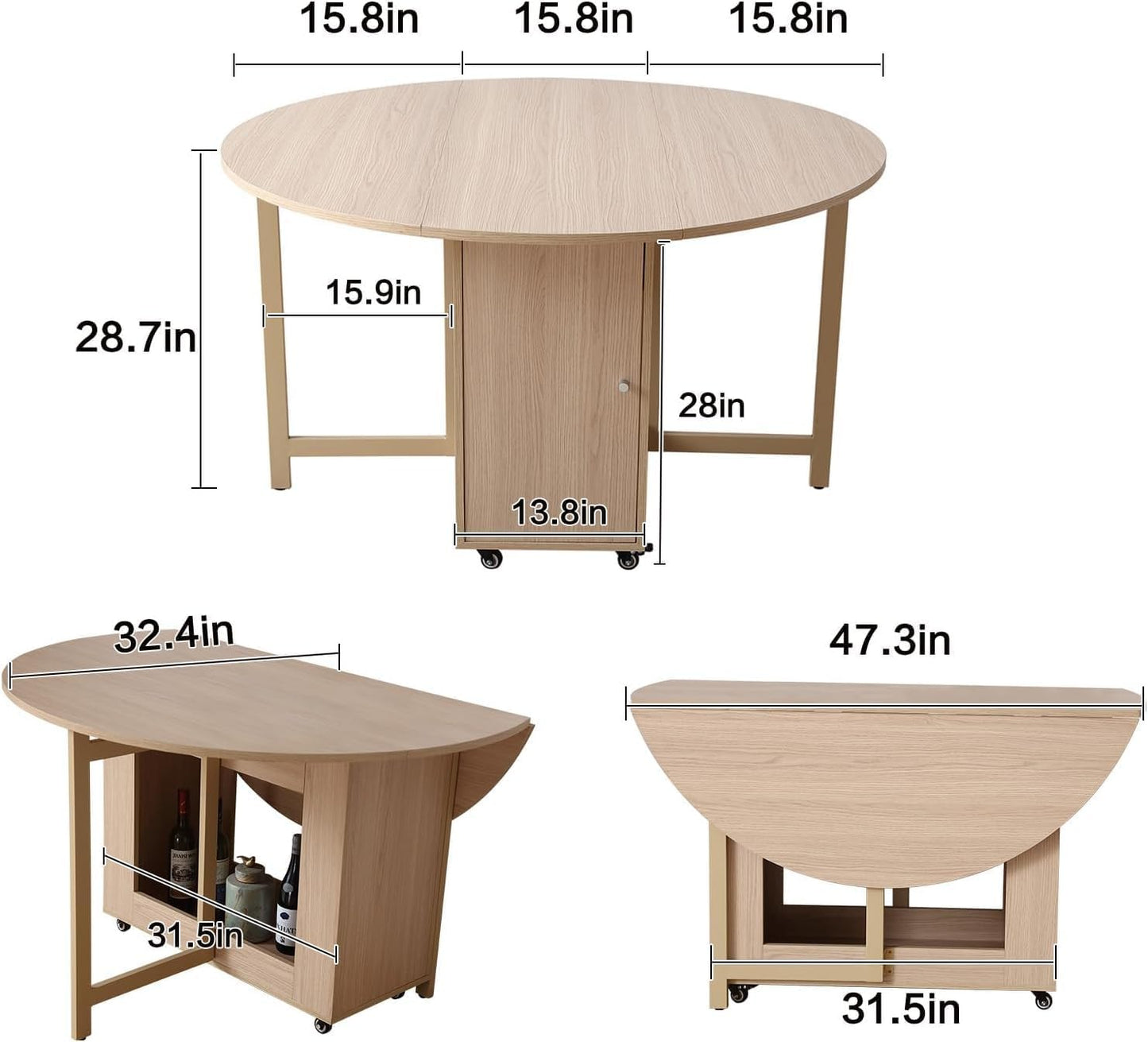Wood Round Folding Dining Table with 4 Chairs, Solid Wood Folding Chair Set of 2, Space Saving Foldable Dining Table with 4 Chairs