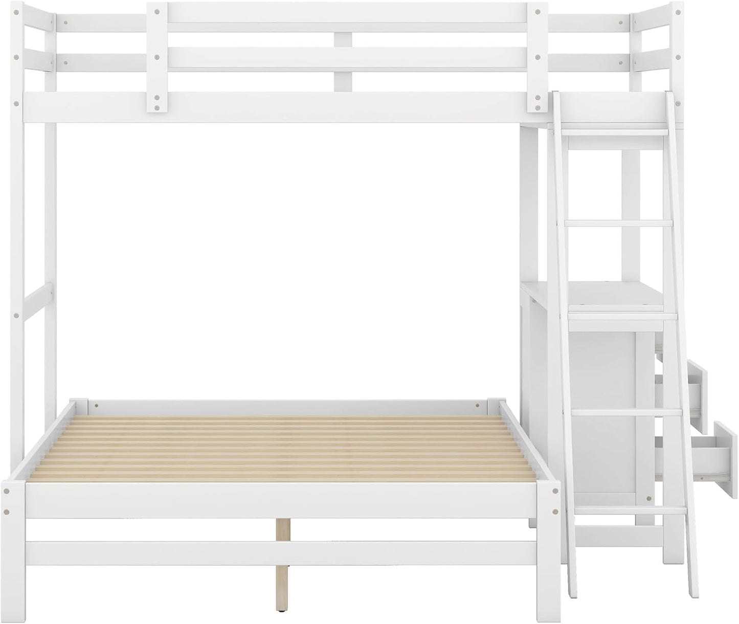 Twin Over Full Bunk Bed with Built-in Desk and Three Drawers,Pine Wood Convertible Twin Over Full L-Shaped Loft Bunk Bed Frame for Kids Teens Adults,White