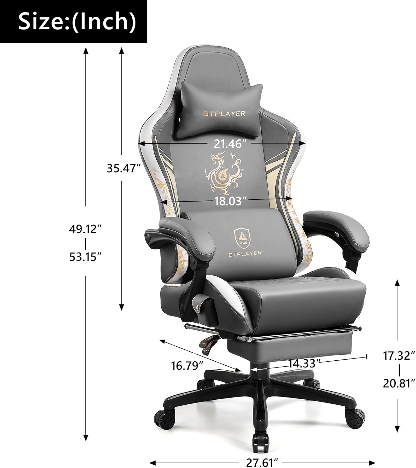 GTPLAYER Gaming Chair with Bluetooth Speakers and Footrest, Dragon Series Video Game Chairs, Heavy Duty Ergonomic Chairs, Esports Gaming Computer Office Chair (Gray)