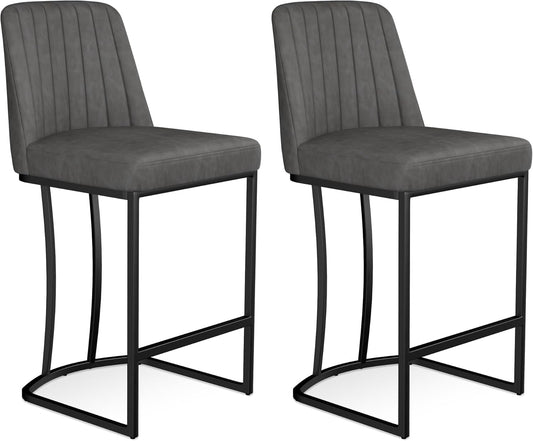 Bar Stools Set of 2, Faux Leather Counter Height Barstools, Upholstered Kitchen Counter Stools with Back and Stitching, 25.6" H Kitchen Island Stools Bar Chair, Metal Framed, Black Grey