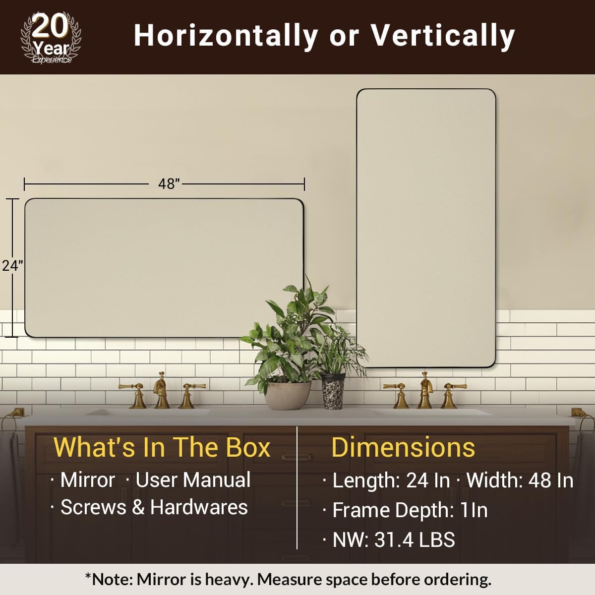 ANDY STAR Black Bathroom Mirrors for Over Sink, 24x48 Inch Matte Black Mirror for Bathroom, Rectangle Metal Vanity Mirror for Wall-Modern Clean Design with Superior Stainless Steel Frame