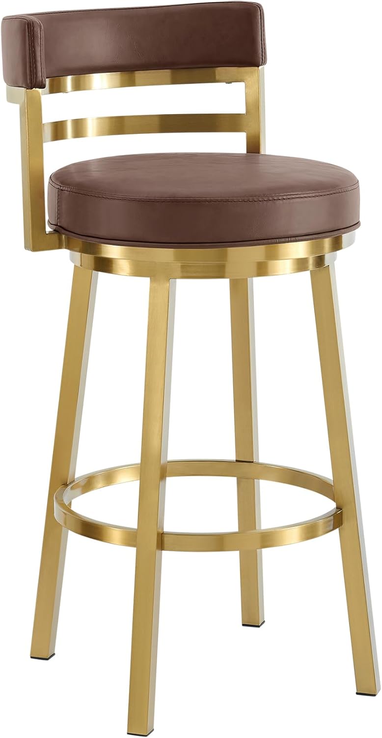 Armen Living Madrid 30" Seat Height Swivel Modern Vintage Coffee Faux Leather and Gold Brushed Stainless Steel Bar Stool for Kitchen Island Counter