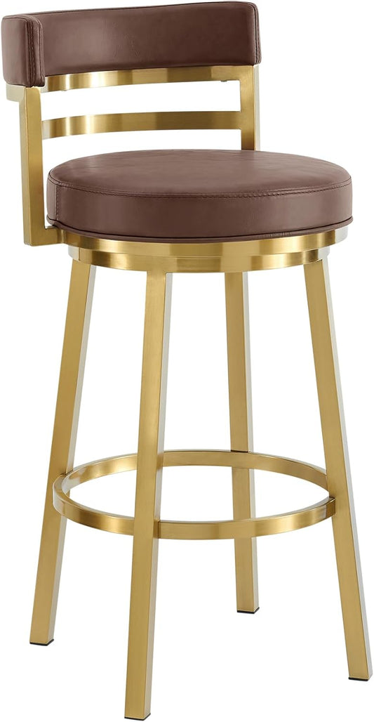 Armen Living Madrid 30" Seat Height Swivel Modern Vintage Coffee Faux Leather and Gold Brushed Stainless Steel Bar Stool for Kitchen Island Counter