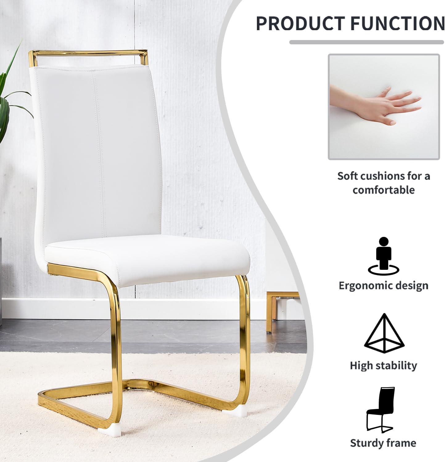 Modern Dining Chairs Set of 4,High Back White Kitchen Chairs,Faux Leather Side Chair with Gold Plated Metal Legs,Easy to Clean Upholstered Dining Chairs,Ideal for Living Room(Gold Leg)