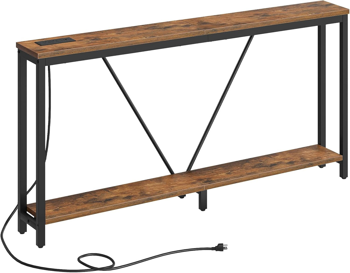 HOOBRO 63" Console Table with Charging Station, 2-Tier Extra Long Sofa Table with V-Brace, for Narrow Space, Entryway Table for Entryway, Hallway, Living Room, Rustic Brown BF166UXG01