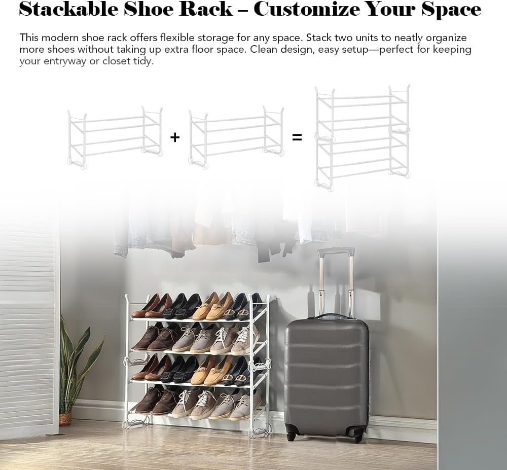 SunnyPoint Expandable & Stackable 2-Tier Shoe Rack – Adjustable Shoe Organizer for Entryway, Closet or Bedroom, Holds 4 to 8 Pairs, Space-Saving Metal Shoe Storage Shelf (17.5"–31.49" W) (WHT, 2 Tier)