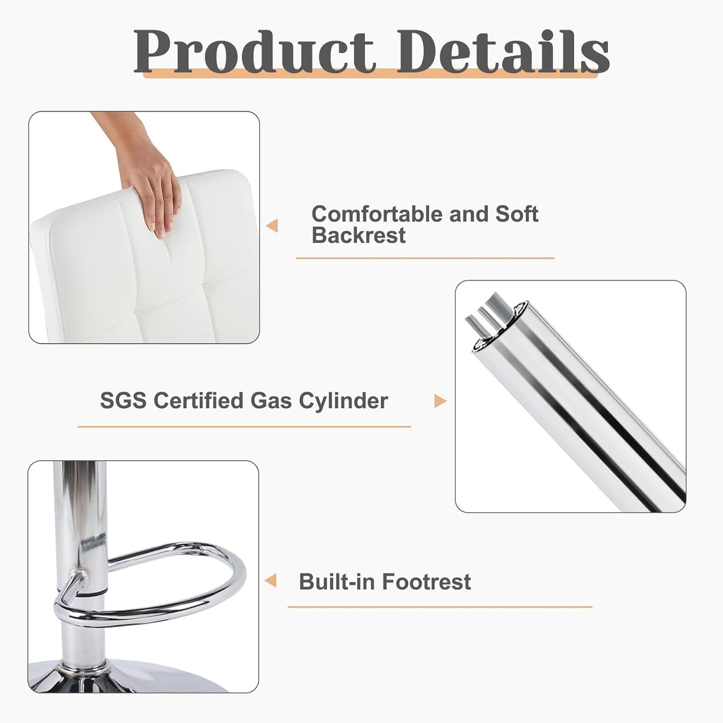 Sweetcrispy Bar Stools Set of 4, Armless PU Leather Adjustable Swivel Barstools, Hydraulic Kitchen Counter Height Thickened Seat Cushion Square Island Countertop Chairs with Back - Modern White