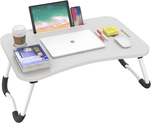 BUYIFY Folding Lap Desk, 23 Inch Portable Wood Grey Laptop Bed Desk Lap Desk with Cup Holder, for Working Reading Writing, Eating, Watching Movies for Bed Sofa Couch Floor