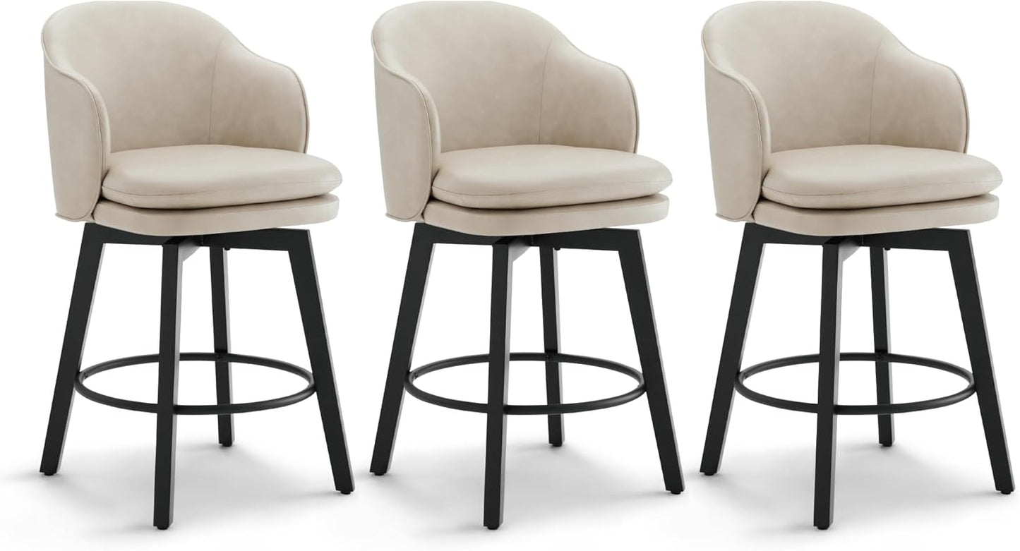 Counter Height Barstools 26 inch Upholstered Swivel Bar Stools with Back and Wood Legs for Kitchen Island,Set of 3,Beige PU Leather