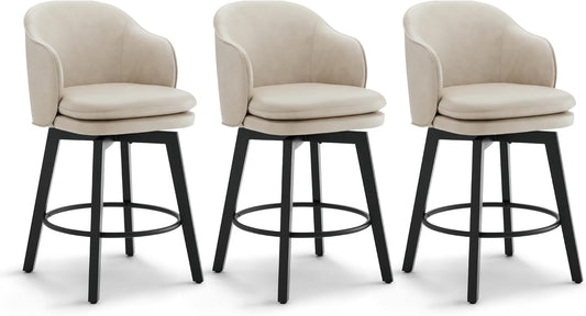 Counter Height Barstools 26 inch Upholstered Swivel Bar Stools with Back and Wood Legs for Kitchen Island,Set of 3,Beige PU Leather
