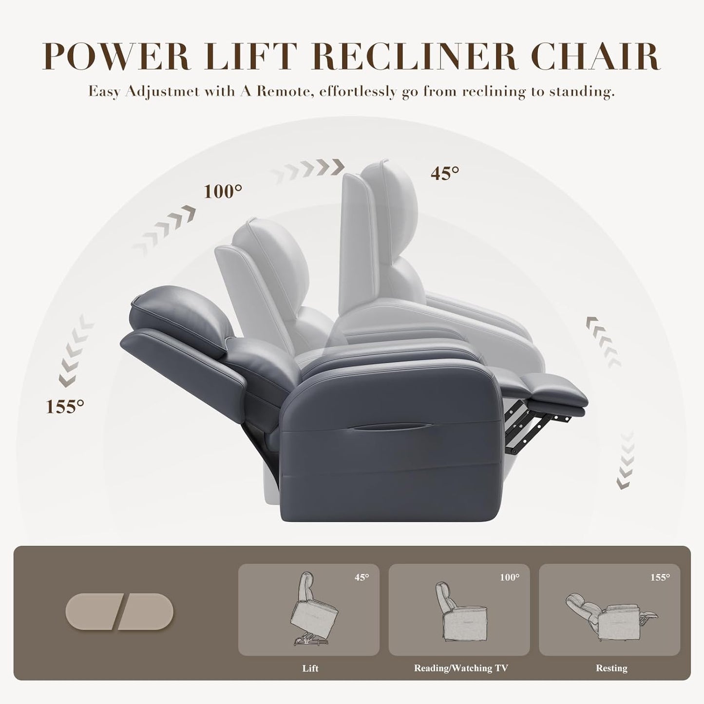 COLAMY Power Lift Recliner Chair for Elderly – Electric Leather Recliner with Remote Control, Ergonomic Backrest, Spacious Seat, Side Pocket & 2-Button Operation, 300lbs Capacity (Grey)