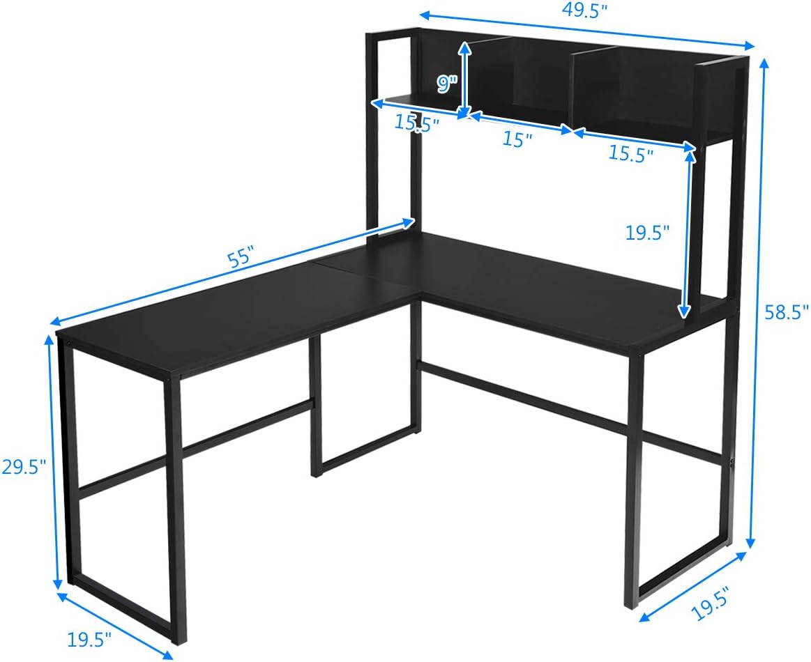 Tangkula Reversible L-Shaped Desk with Hutch, Space Saving Corner Computer Desk with Storage Shelves, Home Office Study Writing Desk Computer Workstation with Storage Bookshelf, Gaming Desk