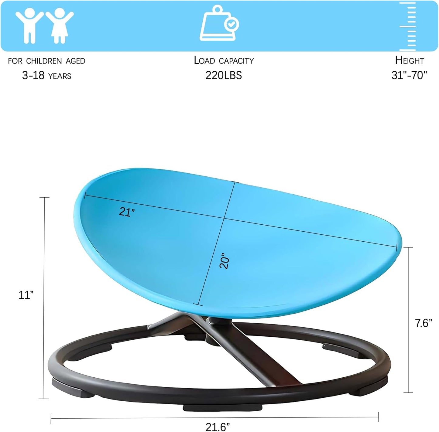 Kids Sensory Spinning Chair, Sit and Spin Toy, Autistic Childs Swivel Chair, Training Body Coordination, Metal Base Non-Slip Indoor and Outdoor Activity Toys (Blue)