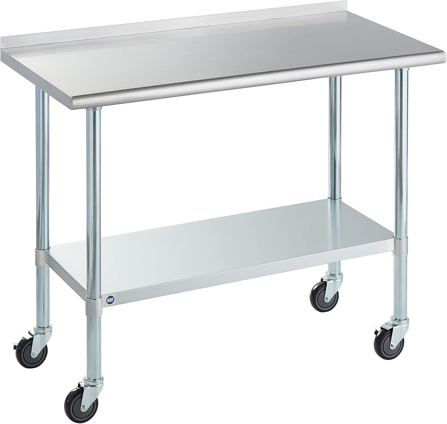 Stainless Steel Table for Prep & Work with Caster & Backsplash 24x48 Inches, NSF Metal Commercial Kitchen Heavy Duty Table with Adjustable Under Shelf and Table Foot for Restaurant, Home and Hotel