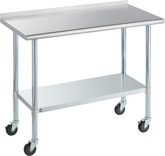 Stainless Steel Table for Prep & Work with Caster & Backsplash 24x48 Inches, NSF Metal Commercial Kitchen Heavy Duty Table with Adjustable Under Shelf and Table Foot for Restaurant, Home and Hotel