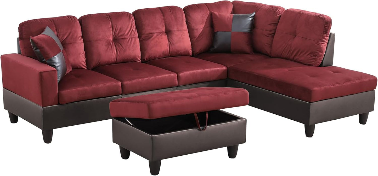 Couches for Living Room Modern L Shaped Couch Comfy Flannel Fabric 3 Pieces Sectional Sofa with Chaise, Ottoman with Storage for Office and Small Apartment, Red