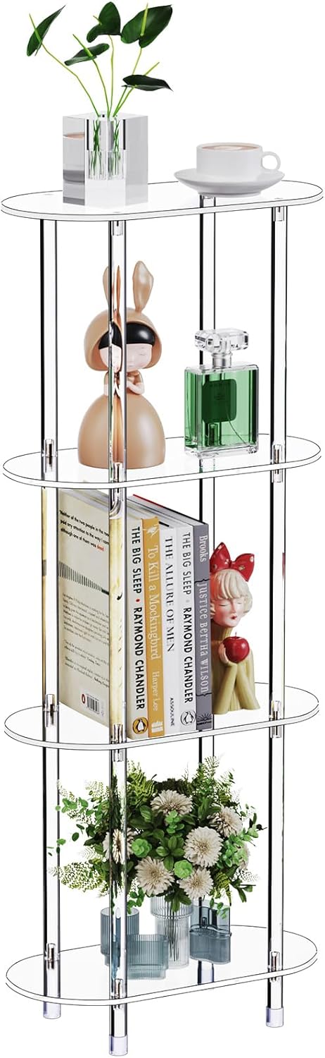 Clear Acrylic Narrow Side Table for Small Spaces, 15.75" L x 7.87" W x 38.7" H, 4 Tier Oval Slim End Table Nightstand, Small Minimalist Skinny Bedside Table for Bedroom, Bathroom, Living Room