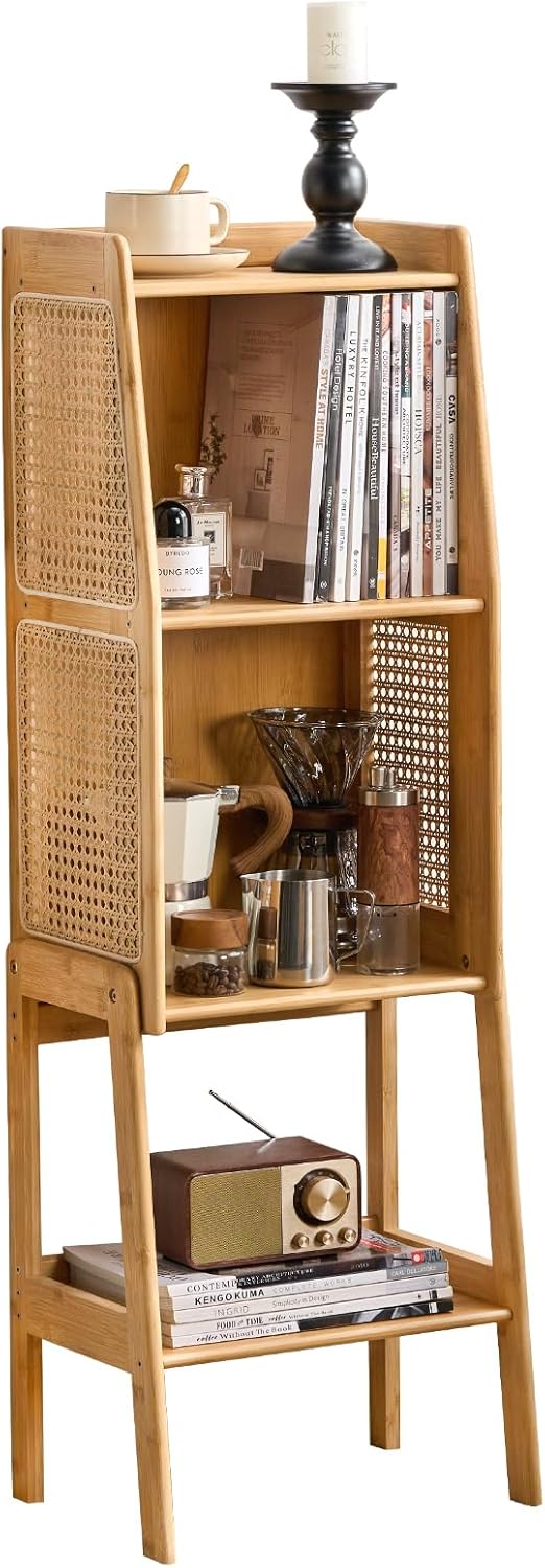 Welnow Bamboo Rattan Bookcase with Cabinet, 2-Tier Storage Shelf with Side Table & End Table Function, Large Modern Wood Organizer for Living Room or Bedroom, Natural Bookshelf