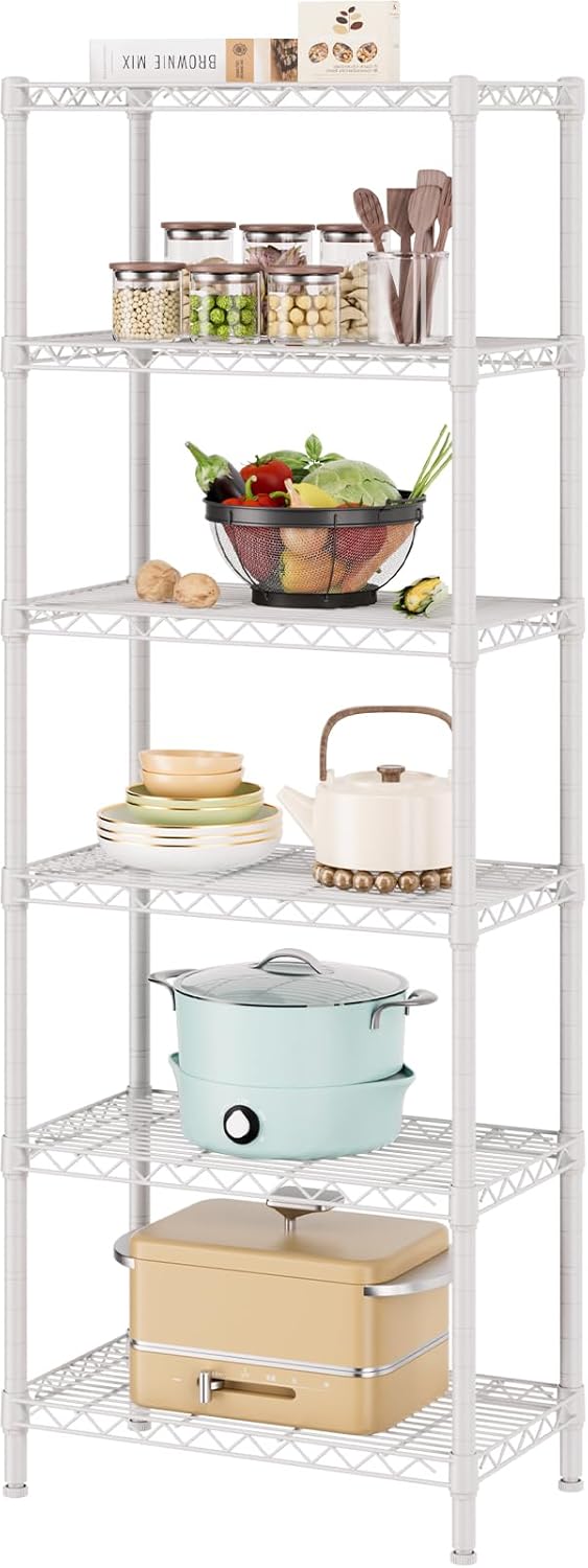 SINGAYE 6 Tier Shelf Adjustable Storage Wire Shelving Unit Metal Shelves Standing Closet Bathroom Organizers Pantry Kitchen Garage Laundry Room Organization Home Rack 12" D X 22" W X 69.5" H White