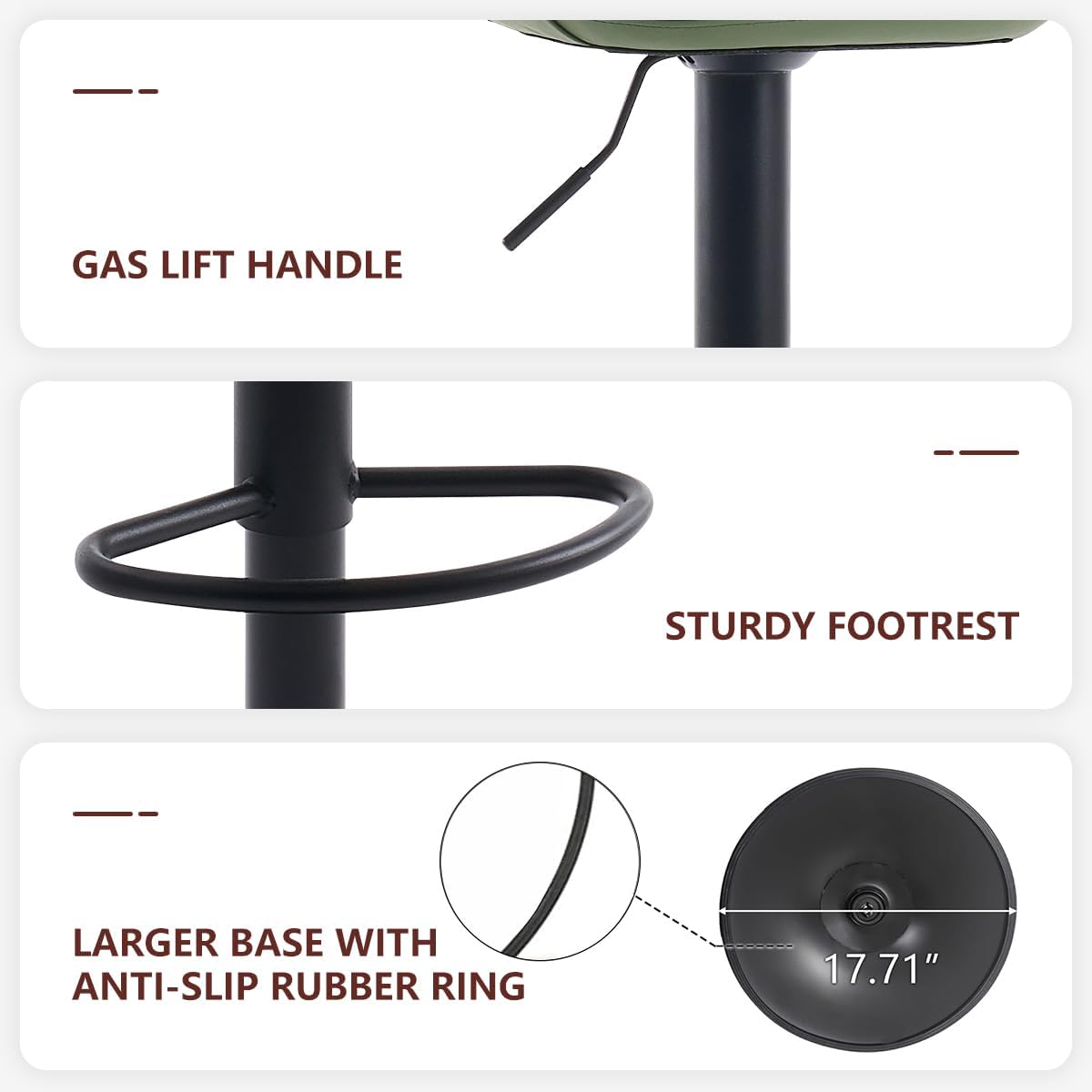 Kidol & Shellder Bar Stools Set of 2 Adjustable Swivel Green, PU Leather Upholstered with Back, Modern Counter Height Stools for Kitchen Island, Home Bar