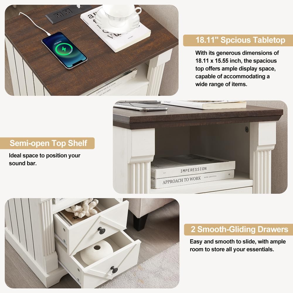 Farmhouse Night Stand with Charging Station, 18" Modern Wood Side Table, 2 Drawers End Table & Roman Column Design for Living Room, Bedside Table with Open Shelf for Bed Room, Antique White