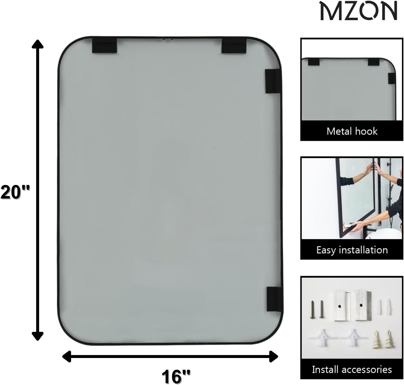 MZON 16x20 Inch Matte Black Bathroom Mirror, Rectangle Wall Mirror for Bathroom or Entryway, Anti-Rust Frame & Tempered Glass, Hangs Horizontally/Vertically - Space-Saving Minimalist Decor