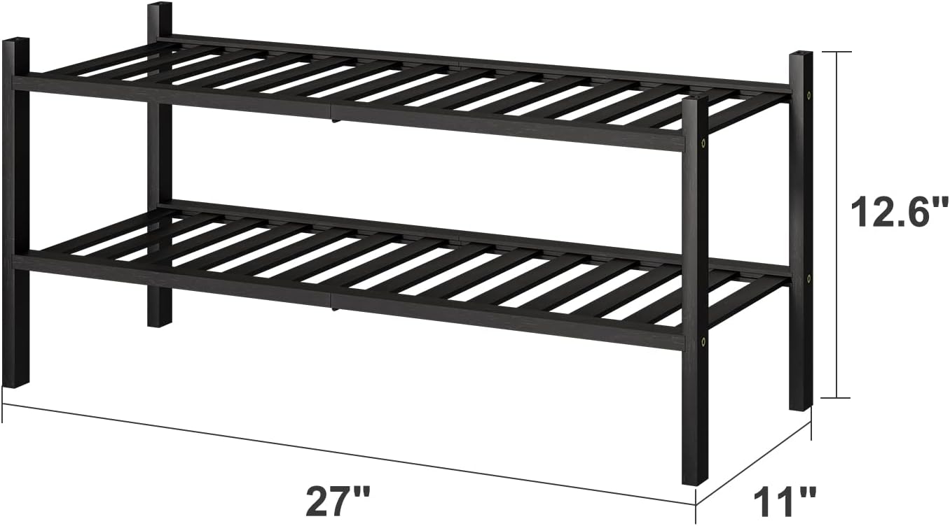2-Tier Black Bamboo Shoe Rack for Entryway, Stackable | Foldable | Natural, Shoe Shelf Storage Organizer for Hallway Closet, Free Standing Shoe Racks for Indoor Outdoor