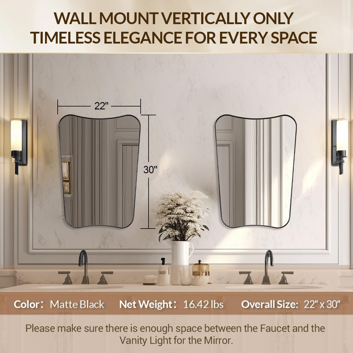 Black Bathroom Mirror, Black Vanity Mirror, 22x30 Irregular Shaped Mirror for Wall, Anti-Rust Metal Framed Wavy Mirror