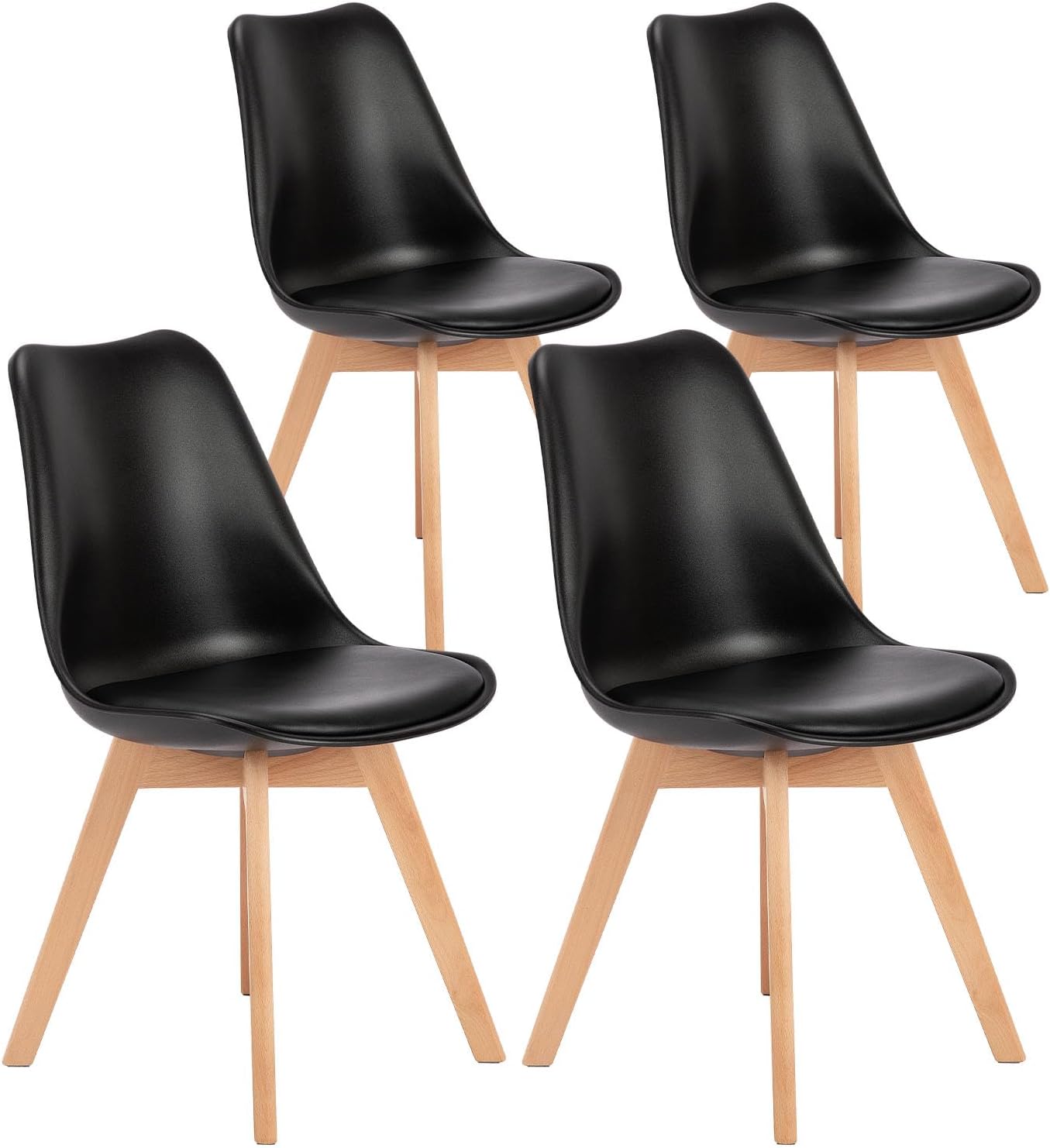 OLIXIS Set of 4 Dining Kitchen Mid-Century Modern Chairs with Wood Legs and PU Leather Cushion for Living Room Bedroom Outdoor Lounge, Black