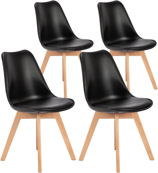 OLIXIS Set of 4 Dining Kitchen Mid-Century Modern Chairs with Wood Legs and PU Leather Cushion for Living Room Bedroom Outdoor Lounge, Black